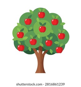 Vibrant apple tree illustration with lush green leaves and abundant red apples on a sturdy trunk depicting nature's bounty and fruit harvest.