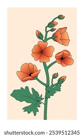 Impresión vibrante de la flor de la malva del albaricoque, arte floral colorido con las hojas verdes, carteles florales de moda, ilustración botánica dibujada a mano para la decoración