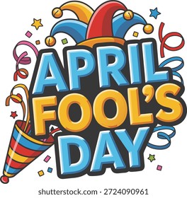 Vibrant April Fool's Day vector Illustration, festive graphic illustration celebrating April Fool's Day with colorful confetti, a jester's hat, and a party popper over white background