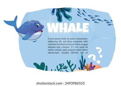 Vibrant aquatic banner with a smiling whale and various underwater elements like seagrass, corals, and fish. Ideal for educational content and marine-themed designs