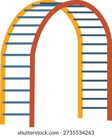 A vibrant, arched monkey bar set, perfect for a childrens playground, featuring red and yellow frames with blue rungs, designed for climbing and active play.