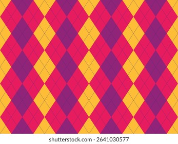 Vibrant argyle pattern in bold pink, purple, and yellow.  Perfect for backgrounds, textiles, or playful designs.