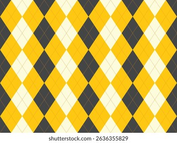 Vibrant argyle pattern in bold yellow, gray, and cream.  Geometric design ideal for textiles, websites, or branding.  Modern and classic, this seamless texture offers versatility and visual appeal.
