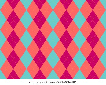 Vibrant argyle pattern in coral, teal  magenta.  Geometric diamond design with subtle yellow stitching. Perfect for textiles, fashion, websites,  playful backgrounds.
