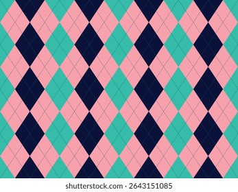 Vibrant argyle pattern in pink, teal, and navy.  Perfect for fashion, textile, or website backgrounds.  Geometric design evokes a playful yet sophisticated aesthetic.