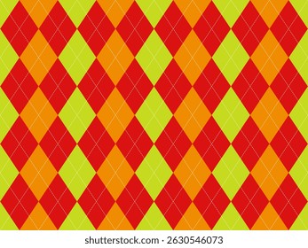 Vibrant argyle pattern in red, orange, and lime green.  Perfect for backgrounds, textiles, and playful designs.  This bold geometric design offers a retro feel with modern appeal.