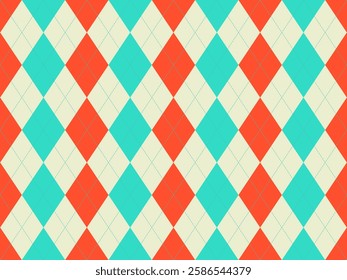 Vibrant argyle pattern in teal, coral, and cream.  Perfect for backgrounds, textiles, or retrothemed designs.