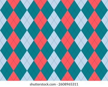 Vibrant argyle pattern in teal, coral, and light blue.  Geometric design perfect for textiles, fashion, or website backgrounds.
