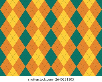 Vibrant argyle pattern in teal, gold, and burnt orange.  A classic yet modern design perfect for backgrounds, textiles, or branding.  This seamless texture evokes feelings of sophistication and style.