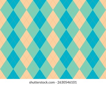 Vibrant argyle pattern in teal, peach, and beige.  Perfect for backgrounds, textiles, or website design.  A classic yet modern aesthetic, this seamless texture offers a playful, sophisticated feel.