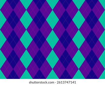Vibrant argyle pattern in teal, purple, and navy.  Perfect for backgrounds, textiles, or fashion designs.