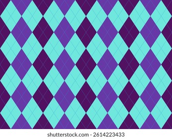 Vibrant argyle pattern in teal, purple, and dark purple.  Perfect for textile designs, fashion, websites, or playful backgrounds.  This seamless design offers a bold, geometric aesthetic.