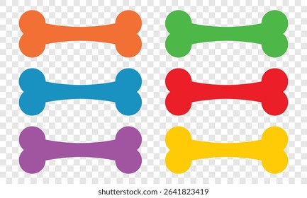 A vibrant arrangement of bone-shaped figures are set against a transparent backdrop. Each figure is colored differently, adding a playful and engaging element to the design.