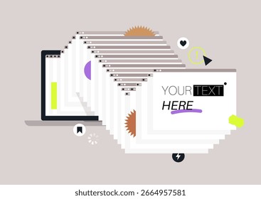 Vibrant arrangement of cascading windows with abstract shapes enhances a digital workspace, emphasizing creativity and innovation in design layout during the daytime