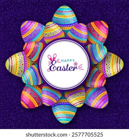 A vibrant arrangement of colorful Easter eggs in a circular pattern, perfect for celebrating the spring holiday