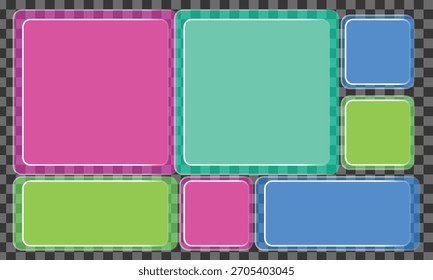 Um arranjo vibrante de quadros retangulares coloridos e arredondados em magenta, verde e azul, definido contra um fundo quadriculado transparente, ideal para design gráfico, elementos da Web
