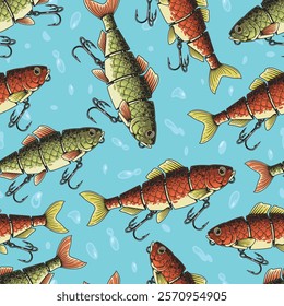 A vibrant arrangement of fish adorned with fishing hooks is displayed on a bright blue background. The design showcases an eclectic mix of colors and patterns creating a lively visual effect.