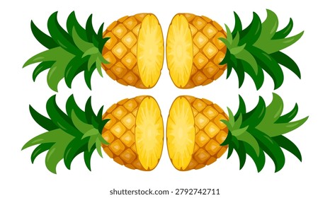 A vibrant arrangement of four pineapples, two whole and two sliced in half.