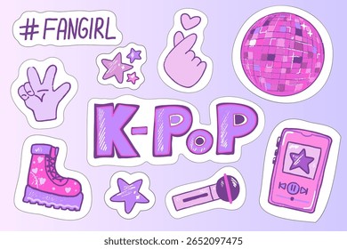 Um arranjo vibrante de adesivos com tema K-Pop apresenta elementos lúdicos como um microfone, patins de rodas e uma bola de disco. O design celebra a cultura juvenil e as tendências musicais.