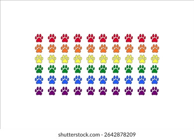 A vibrant arrangement of multicolored paw prints showcased in a symmetrical pattern expressing inclusion, diversity, and celebration