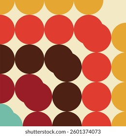 A vibrant arrangement of overlapping circles in warm, retro hues reminiscent of mid-century modern design.