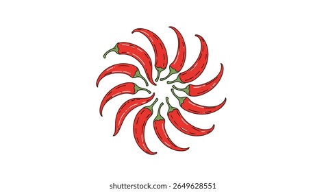 Vibrant arrangement of red chili peppers forming a spiraling floral pattern on a white background