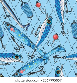 A vibrant arrangement of various fishing lures displayed on a light blue backdrop. The lures feature distinctive designs and hooks ideal for attracting fish.