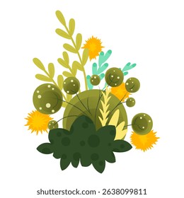 A vibrant arrangement of various green plants and yellow flowers. The scene features round green shapes and leafy elements, creating a lively botanical composition.