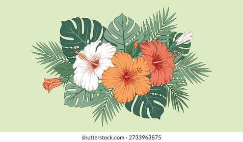 A vibrant arrangement of white, orange, and red hibiscus flowers with lush green palm and monstera leaves, set against a light green background.