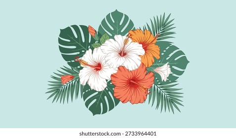 A vibrant arrangement of white, orange, and red hibiscus flowers with lush green monstera and palm leaves on a light blue background.
