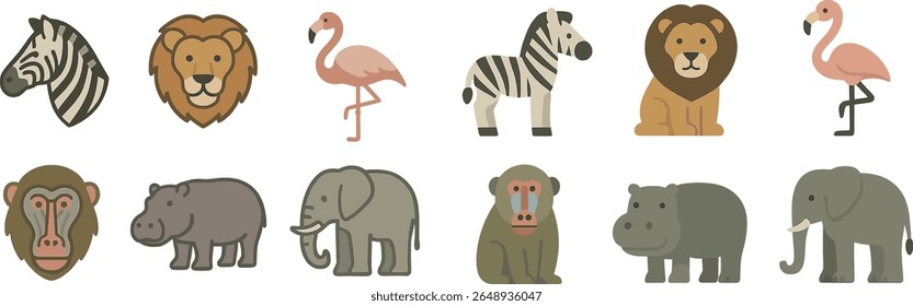 A vibrant array of cartoon animal illustrations showcases a lion, zebras, elephants, and flamingos among other creatures, highlighting their unique characteristics in a delightful manner.