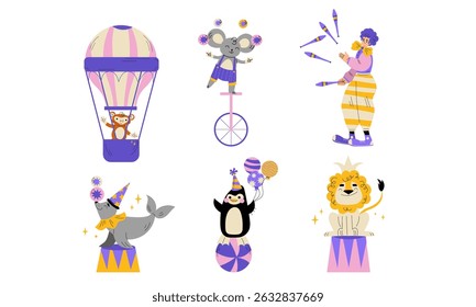 Uma gama vibrante de artistas de circo coloridos de animais adornados em estilos festivos e alegres