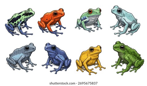 A vibrant array of colorful frogs! Ideal for educational materials, raising wildlife awareness, or adding a playful touch to creative design projects.