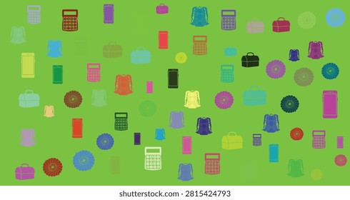 Vibrant array of digital icons including phones tablets and computers on a lively green backdrop perfect for tech related presentations and digital themes