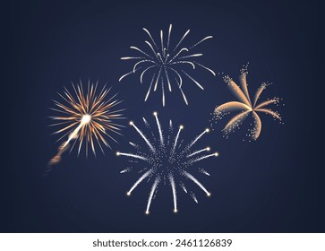 Vibrant Array Of Fireworks Bursting Against A Dark Blue Sky, Conveying Celebration, Joy, And Festive Occasions