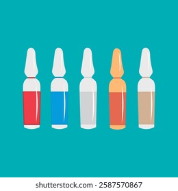 A vibrant array of five colorful liquid-filled ampoules against a clean teal backdrop, ideal for medical or pharmaceutical themed visuals