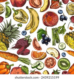 A vibrant array of fruit and vegetable sketches, beautifully rendered in a vector set for culinary and health-focused designs.