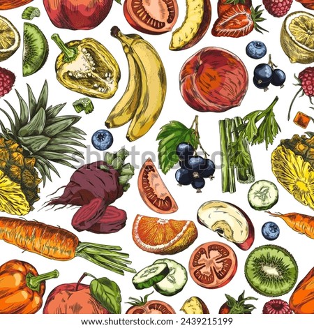 A vibrant array of fruit and vegetable sketches, beautifully rendered in a vector set for culinary and health-focused designs.