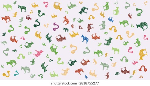 Vibrant array of horses in multiple colors and styles forming an artistic pattern suitable for creative, decorative, and design use