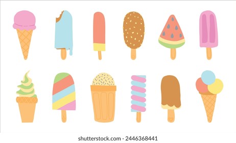 Una vibrante variedad de helados ilustrados y paletas de helado, con varios sabores y aderezos, perfectos para la indulgencia de verano y antojos dulces.