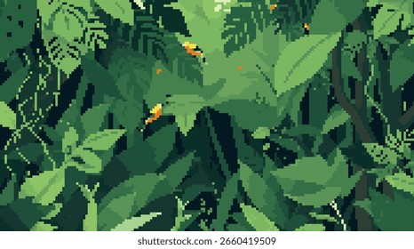 Variedade vibrante de folhas e folhagens retratadas na arte em pixels.