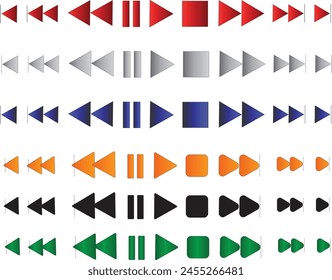 vibrant array of media control icons, each set in a distinct hue: bold red, neutral grey, cool blue, warm orange, and fresh green