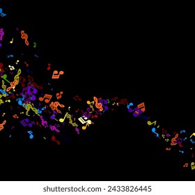 A vibrant array of multicolored musical notes dancing on a black background, creating a visual representation of a lively soundscape.