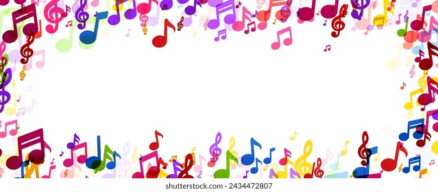 A vibrant array of musical notes in multiple colors scattered around the edges of a white background, perfect for themed designs and decorations.