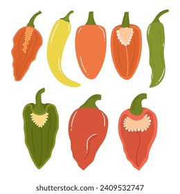 Vibrant Array Of Peppers Sorted In A Collection, Boasting A Spectrum Of Colors From Fiery Reds To Cool Greens, Creating A Visually Appealing And Diverse Culinary Palette. Cartoon Vector Illustration