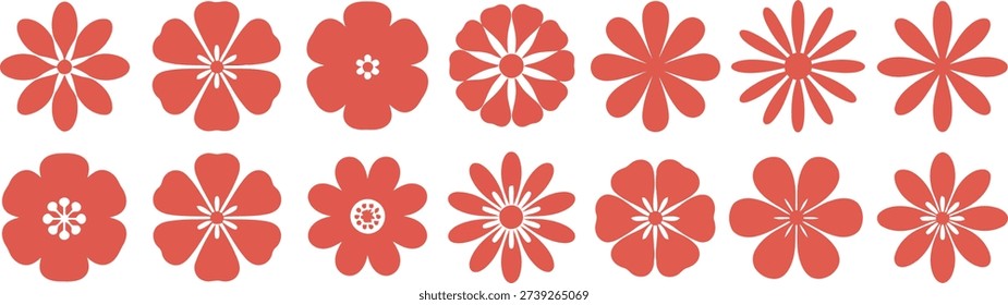 A vibrant array of simple, reddish-orange flower icons, perfect for spring, summer, or floral design themes.