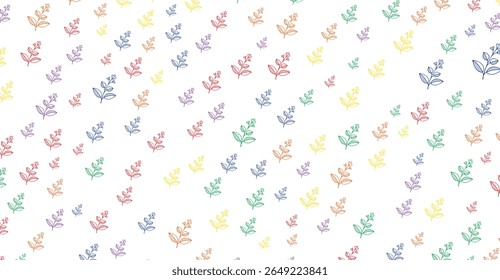 Vibrant array of stylized floral sprigs creates a joyful pattern on a white background, featuring a dynamic mix of yellow, red, purple, orange, blue, and green hues in a cheerful composition