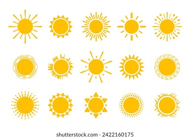 Vibrant array of stylized sun icons with various rays and designs on a white background