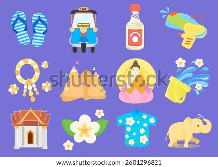A vibrant array of symbols representing the Songkran festival, including water guns, flower shirts, elephants, and traditional Thai features, rendered in delightful vector illustration style.