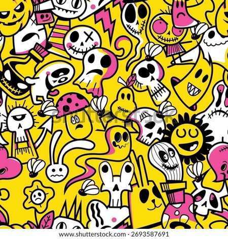 A vibrant array of whimsical skulls, monsters, and various cartoon characters fills the bright yellow background, showcasing fun designs in a lively composition.